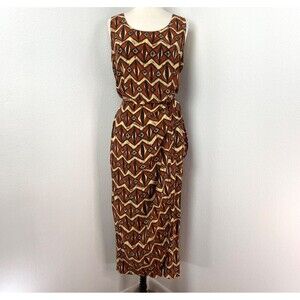 Vtg Spenser Jeremy Silk Dress Size 14 Maxi Brown Faux Wrap Aztec Tribal Resort
